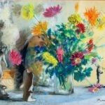 FVR PR - huile - Nature morte au bouquet de fleurs et aux sculptures à l antique