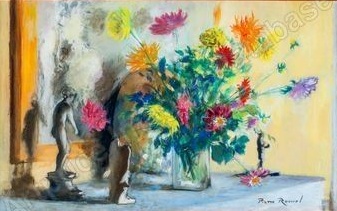 FVR PR - huile - Nature morte au bouquet de fleurs et aux sculptures à l antique