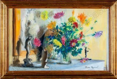 FVR PR - huile - Nature morte au bouquet de fleurs et aux sculptures à l antique encadre