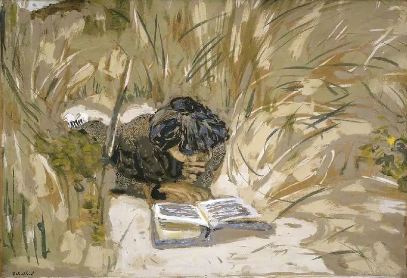 FVR EV - gouache - Femme lisant dans les roseaux à Saint‑Jacut