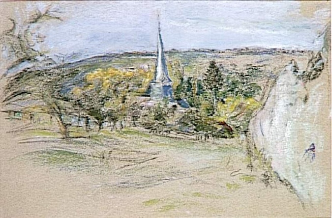 FVR KXR - pastel - paysage avec l eglise de l etang la ville